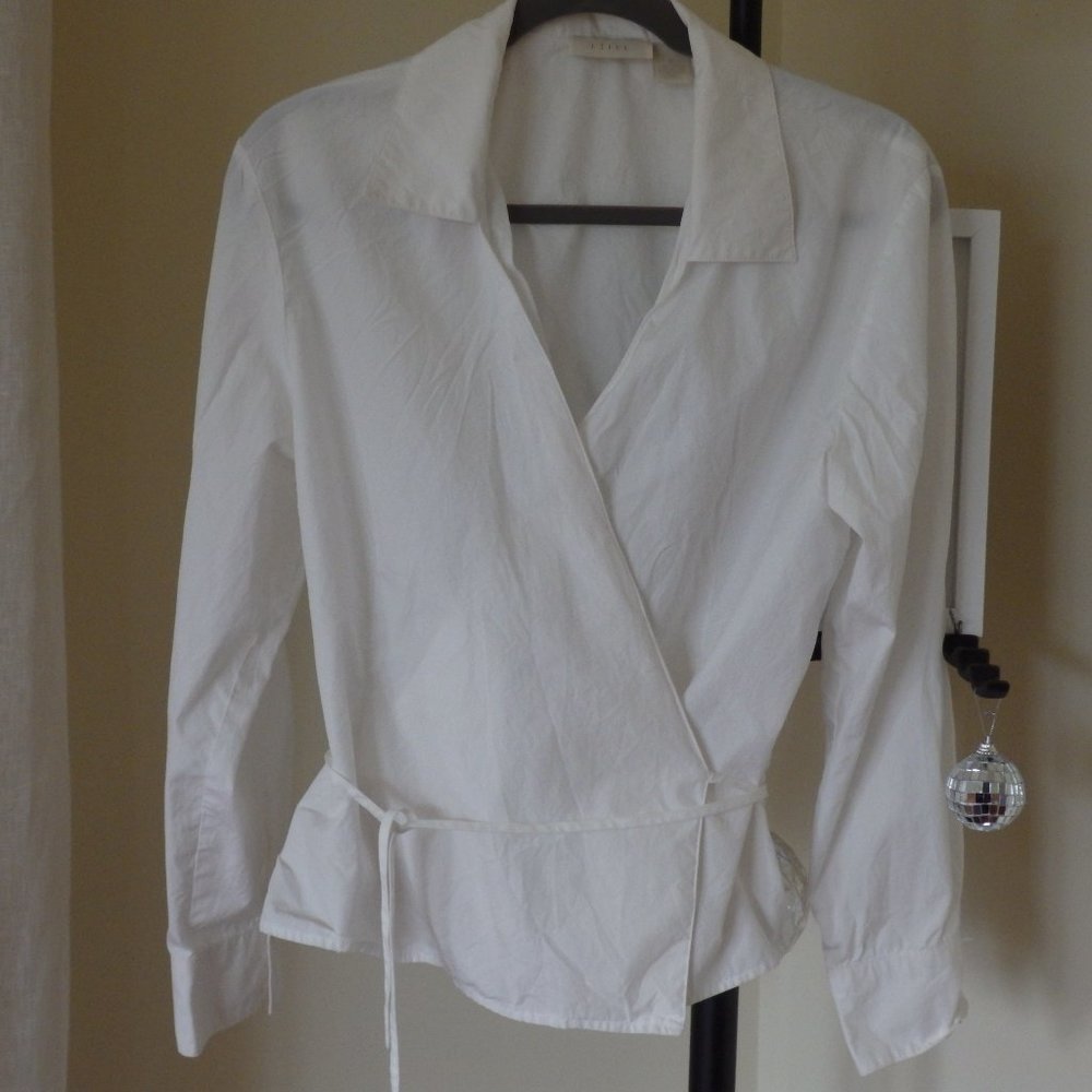 J.Jill white cotton long sleeve V-neck wrap top M